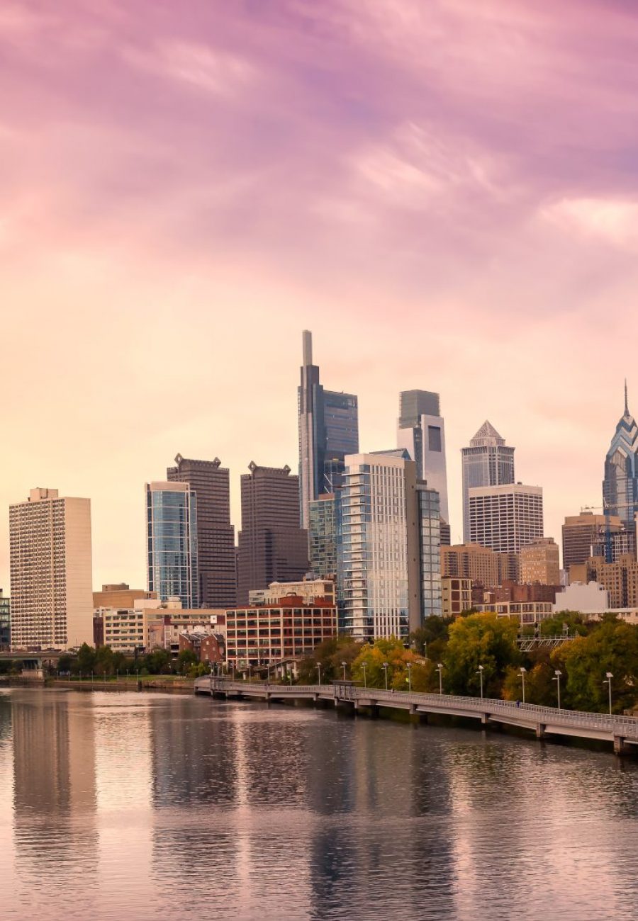 Philadelphia, Pennsylvania, United States of America. Aerial Panoramic View of a Modern Downtown City. Sunset Sky Composite. Cityscape Panorama